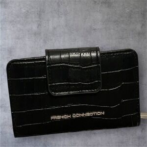 French Connection Black Croc Embossed Folded Zipper Wallet Card Holder NWT